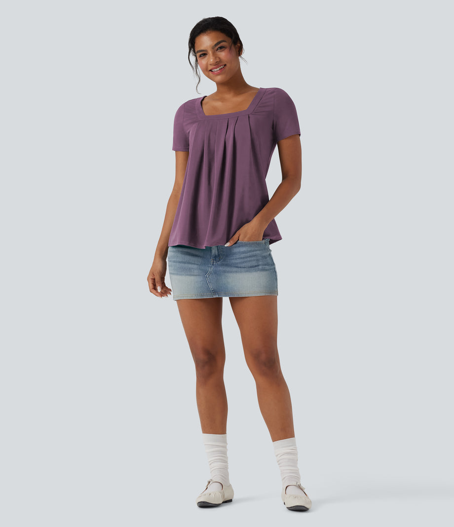 Square Neck Short Sleeve Casual Top - Argyle Purple