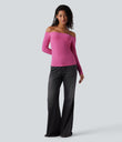 Ribbed Knit Off Shoulder Long Sleeve 2-in-1 Casual Top - Lilac Rose