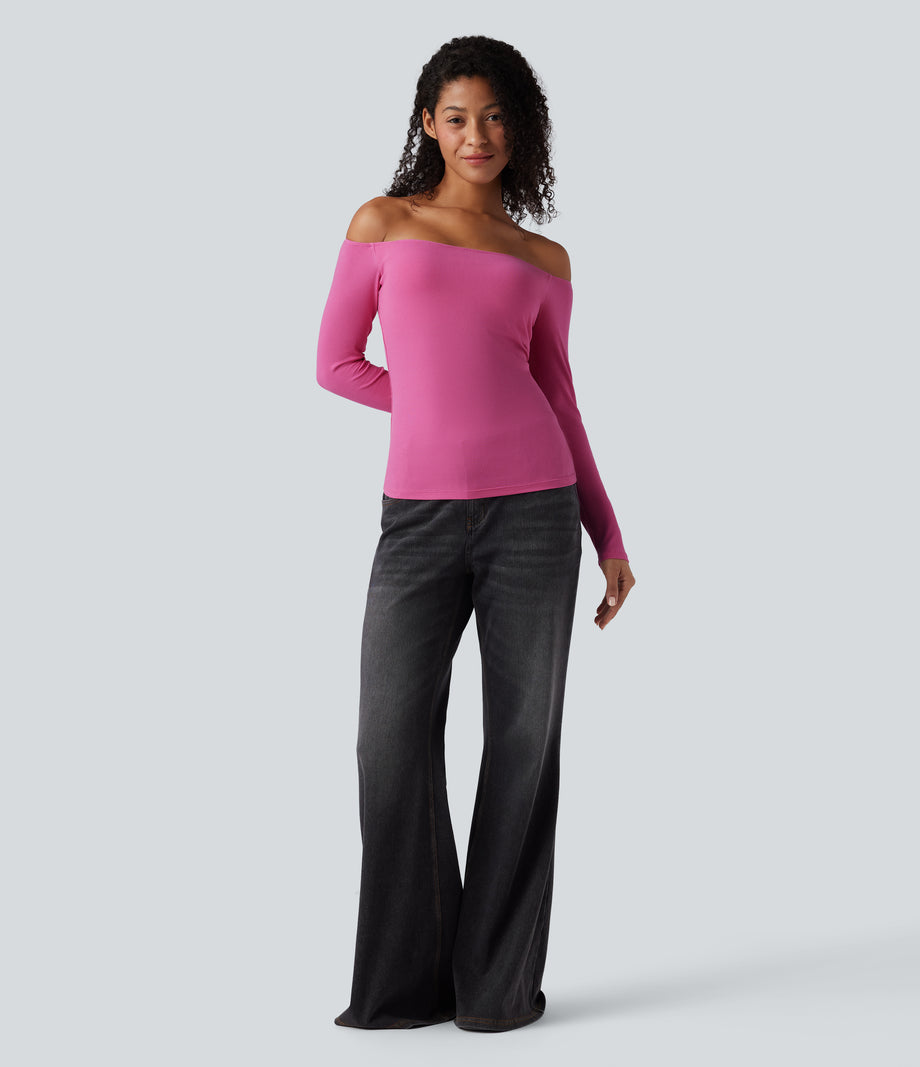 Ribbed Knit Off Shoulder Long Sleeve 2-in-1 Casual Top - Lilac Rose