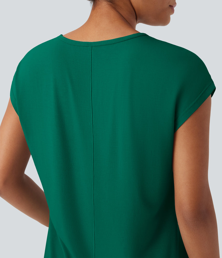 V Neck Short Sleeve Casual T-Shirt - Antique Green