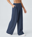 High Waisted Pocket Wide Leg Flowy Solid Palazzo Casual Linen-Feel Pants - Deep Secluded Blue