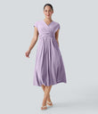 Breezeful™ V Neck Short Sleeve Pocket Tie Back Quick Dry Midi Casual Dress - Leisurely Lavender