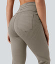 High Waisted Drawstring Stripe Flare Yoga Pants with Pockets - Sandstone Beige