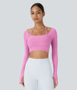 Ribbed Halter Strap Thumb Hole Cropped Yoga Sports Top - Soft Light Purple
