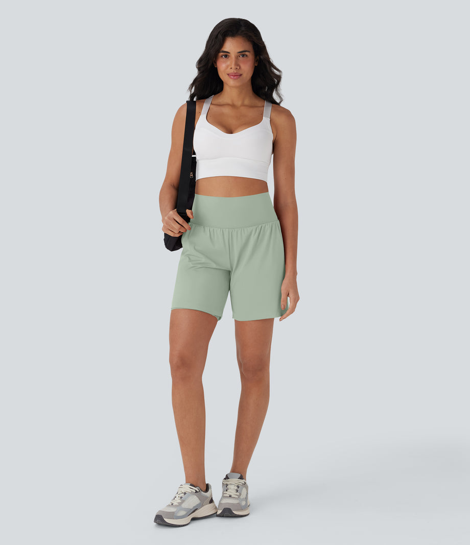 SoftlyZero™ Airy Super High Waisted 2-in-1 Cool Touch Yoga Shorts 7" with Pockets - Light Bean Green