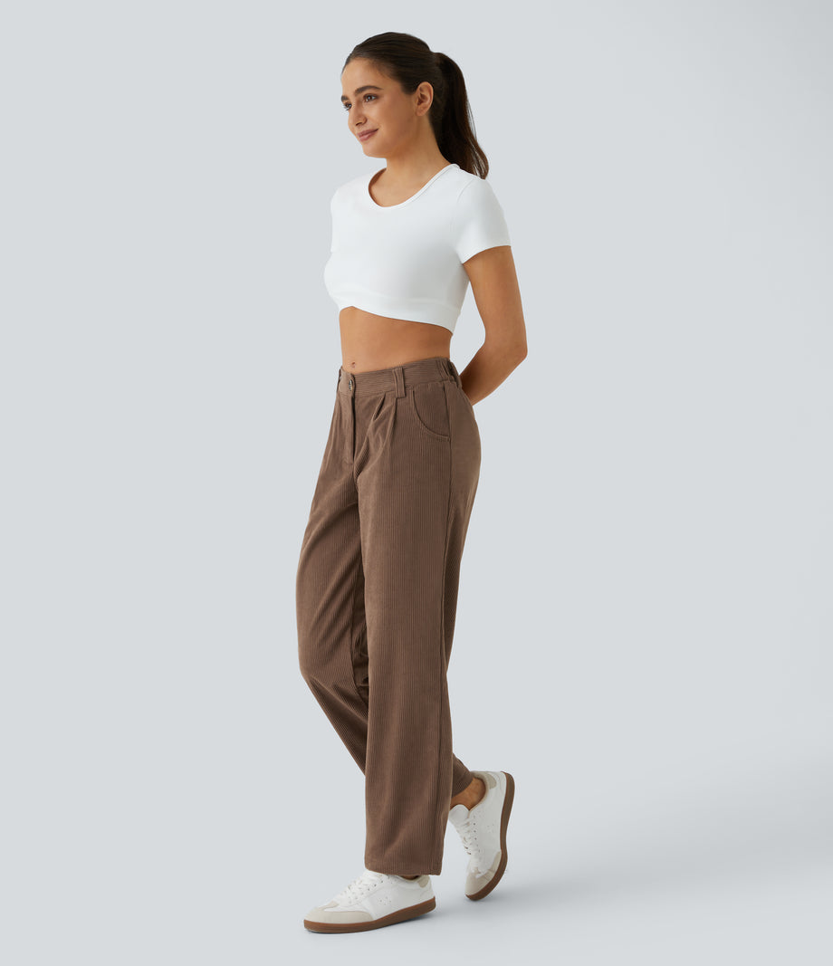 Mid Rise Zipper Pocket Corduroy Casual Pants - Acorn
