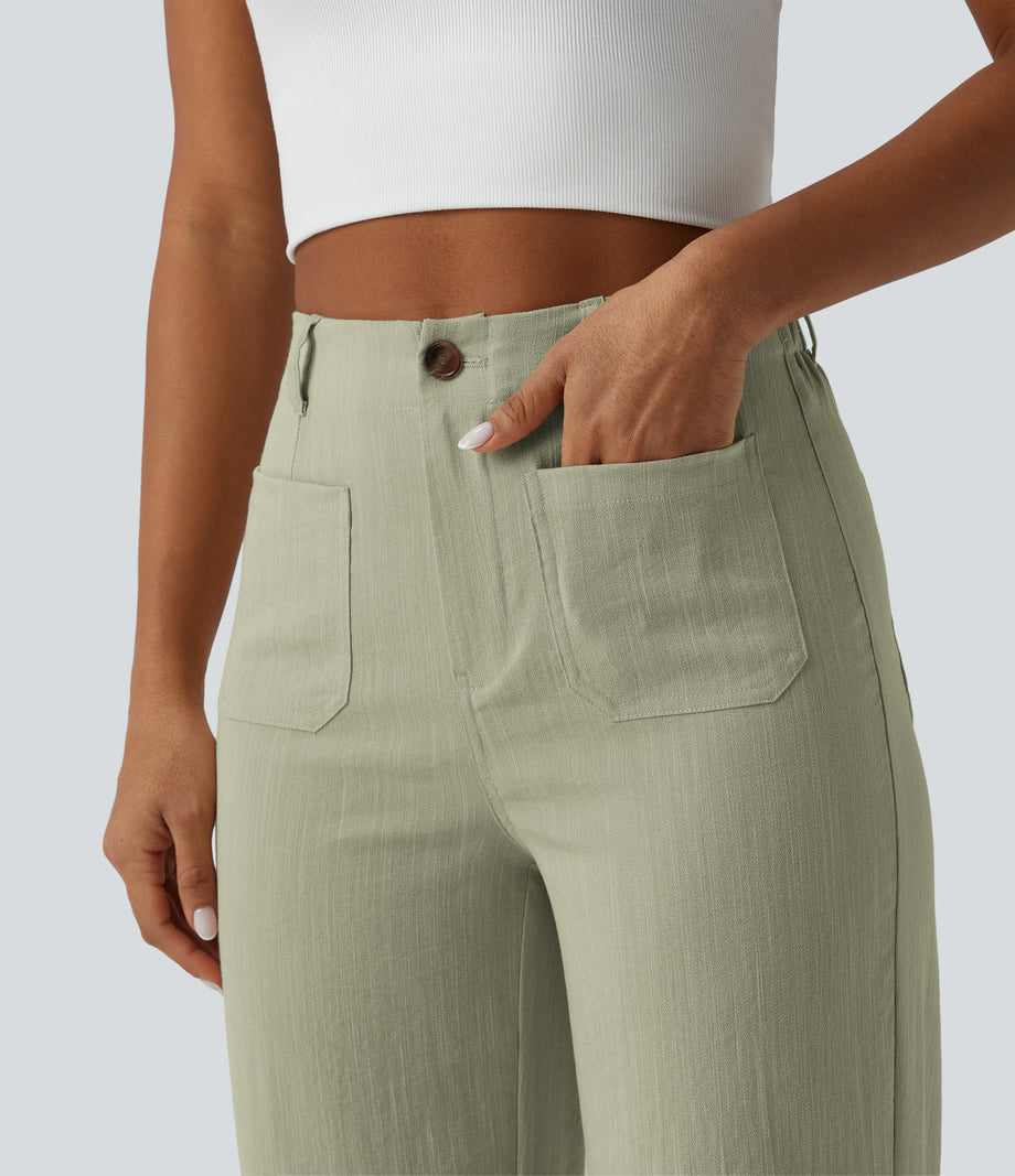High Waisted Straight Leg Casual Linen-Feel Pants with Pockets - Sunveil Cream Yellow