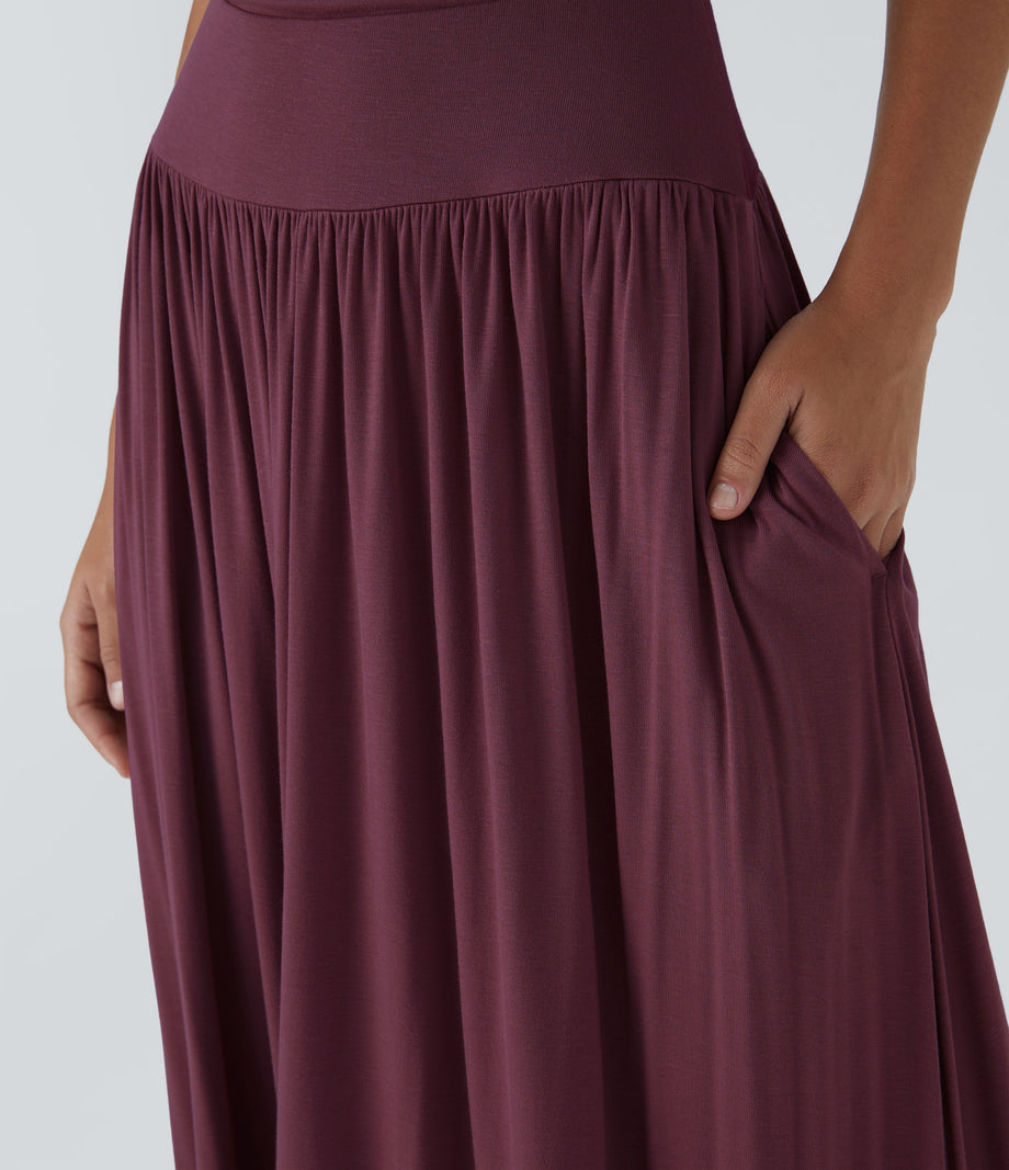 Ribbed Boat Neck Asymmetric Strap Ruched Pocket Flowy Maxi Casual Dress - Maroon Banner
