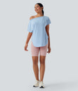One Shoulder Short Sleeve Curved Hem High Low Quick Dry Yoga Sports Top - Angel Falls