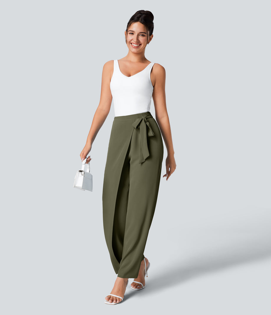 Halara Flex™ High Waisted Tie Side Wide Leg Work Pants - Burnt Olive