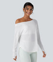 One Shoulder Long Sleeve Thumb Hole Curved Hem High Low Quick Dry Yoga Sports Top-Built-in Bra - White