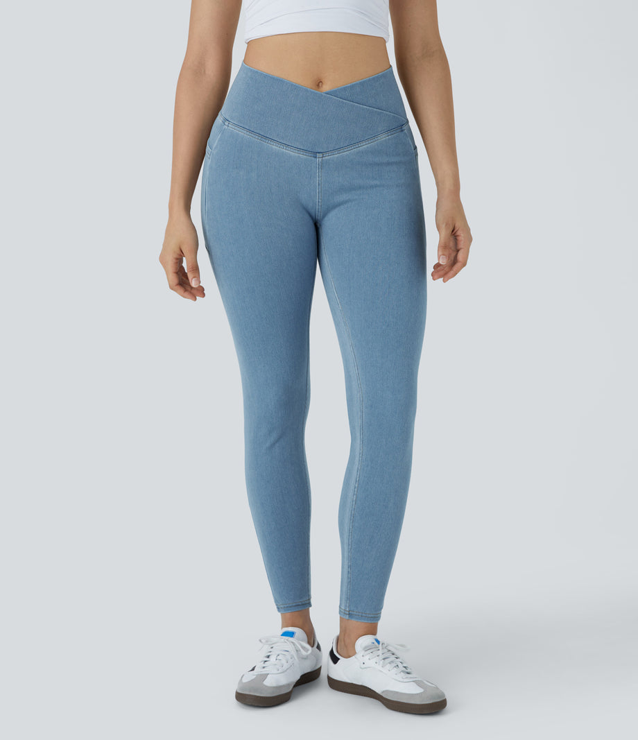 Halara Flex™ Crossover Pocket Washed Denim Work Leggings - Washed Denim Sunny Blue