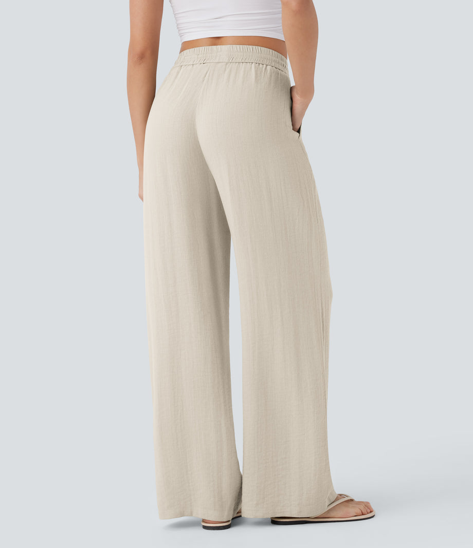 High Waisted Drawstring Pocket Wide Leg Baggy Casual Linen-Feel Pants - Whisper White