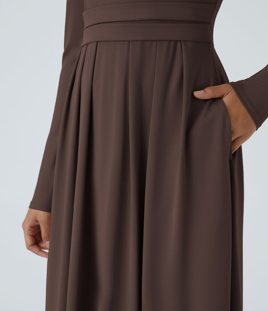Mock-neck Long Sleeve Pocket Flare Maxi Casual Dress - Chestnut