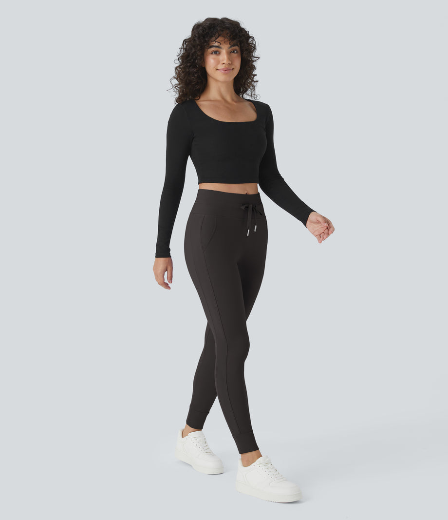 SoftlyZero™ Plush High Waisted Drawstring Pocket Plain Full Length Joggers - Chocolate Torte