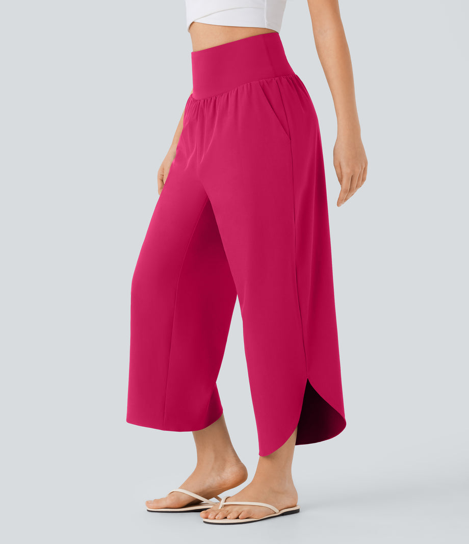 Breezeful™ High Waisted Tummy Control Split Hem Quick Dry Resort Pants with Pockets - Bright Rose