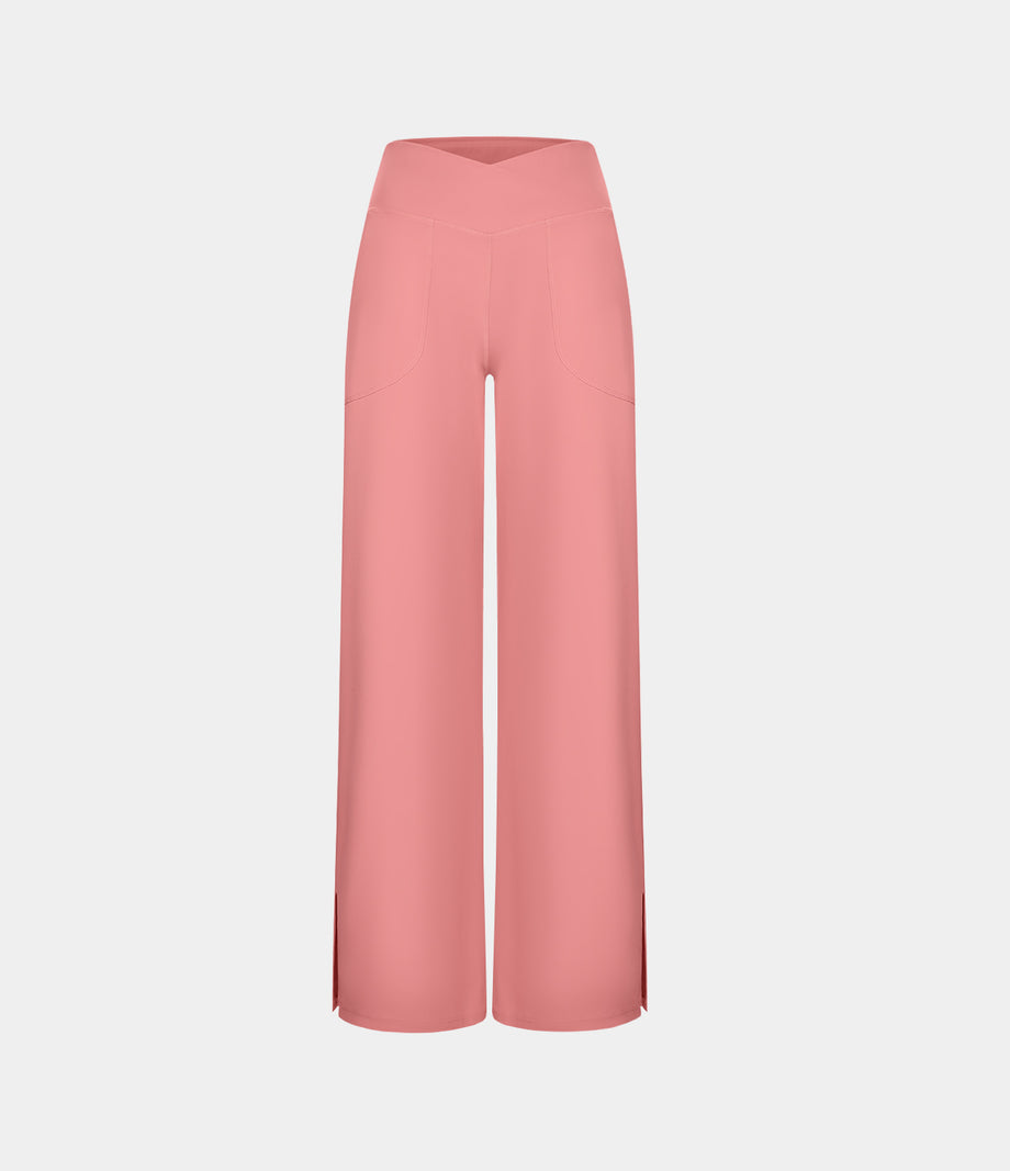 DayStretch Crossover Pocket Hem Wide Leg Yoga Pants-Smile - Candy Pink