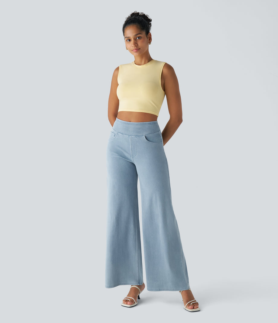 Halara Flex™ High Waisted Pockets Wide Leg Loose Work Jeans - Denim Cyan Blue