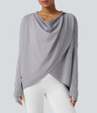 Hooded Cowl Neck Long Sleeve Thumb Hole Yoga Sports Top with Pockets - Mist Grey