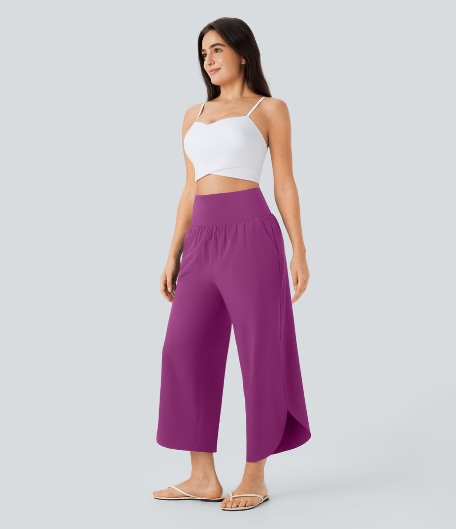 Breezeful™ High Waisted Tummy Control Split Hem Quick Dry Resort Pants with Pockets - Purple Wine