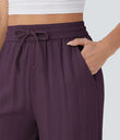 High Waisted Drawstring Pocket Wide Leg Baggy Casual Linen-Feel Pants - Italian Plum