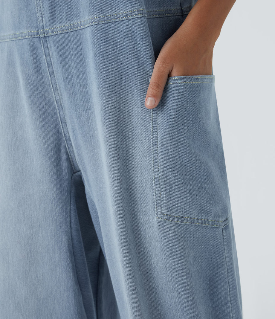 Halara Flex™ V Neck Pocket Washed Denim Casual Overalls - Powder Blue Denim