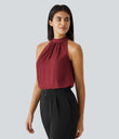 Keyhole Back Halter Sleeveless Curved Hem Work Blouse - Plum Bossom Red