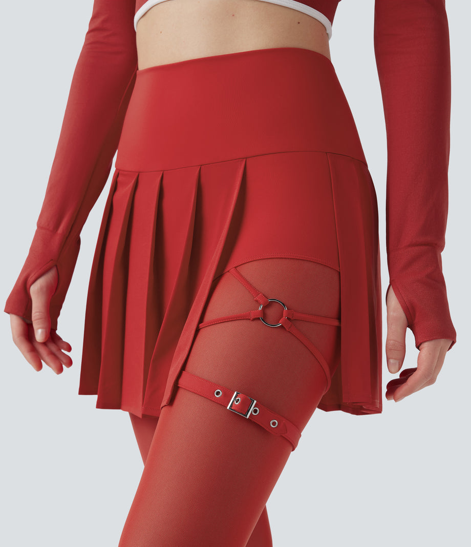 Breezeful™ High Waisted Pleated 2-in-1 Contrast Mesh Quick Dry Dance Stirrup Skirted Leggings with Pockets - Pompeian Red