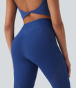 SoftlyZero™ High Waisted Crossover Pocket Contrast Lace Flare Yoga Leggings - Beaucoup Blue