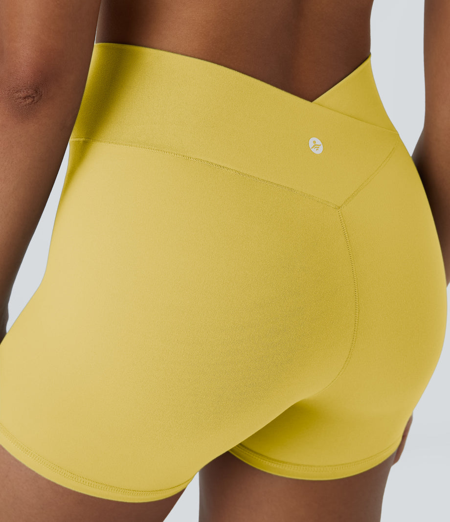 SoftlyZero™ High Waisted Crossover Plain Yoga Biker Shorts 3''-UPF50+ - Lemon Meringue