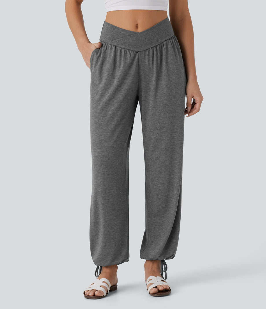 Crossover High Waisted Pocket Drawstring Casual Joggers - Darl Gray Floral Yarn