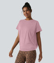 Round Neck Short Sleeve Ruched Cool Touch Yoga Sports Top-UPF50+ - Pink Nectar