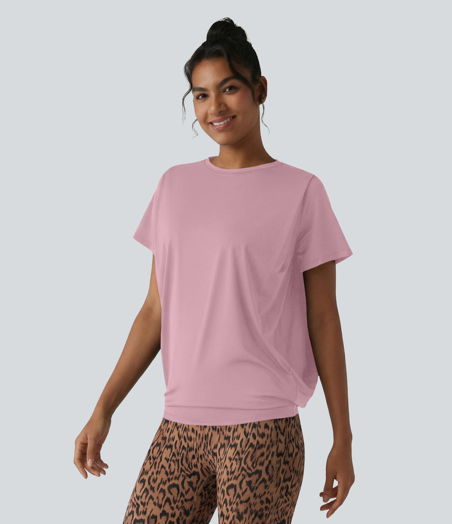 Round Neck Short Sleeve Ruched Cool Touch Yoga Sports Top-UPF50+ - Pink Nectar