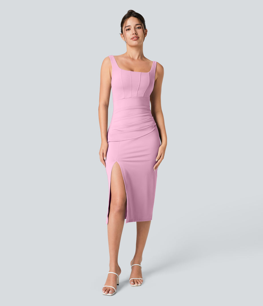 SoftlyZero™ Airy Square Neck Backless Corset Ruched Split Bodycon Midi Cool Touch Bridesmaid and Wedding Guest Dress - Nosegay
