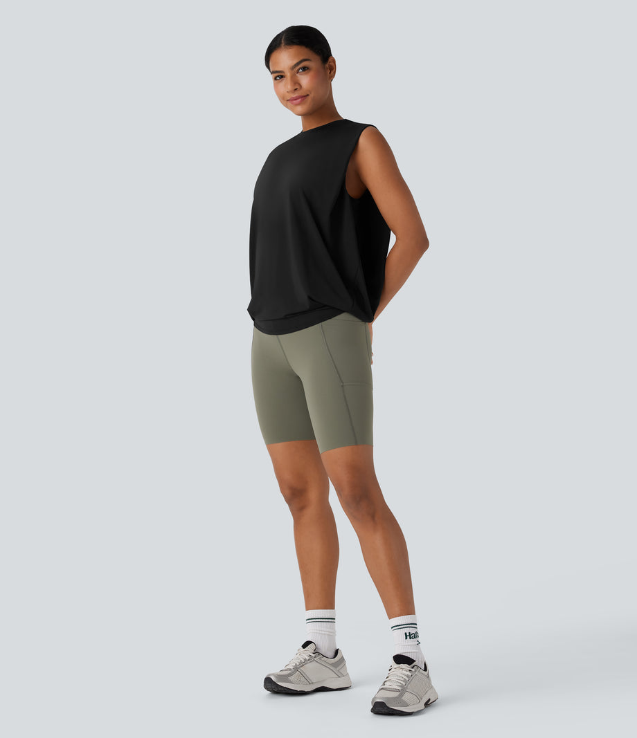 Round Neck Ruched Cool Touch Yoga Tank Top-UPF50+ - Black