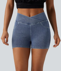 Halara Flex™ High Waisted Crossover Pocket Denim Casual Shorts 3" - Ice Crevice Denim