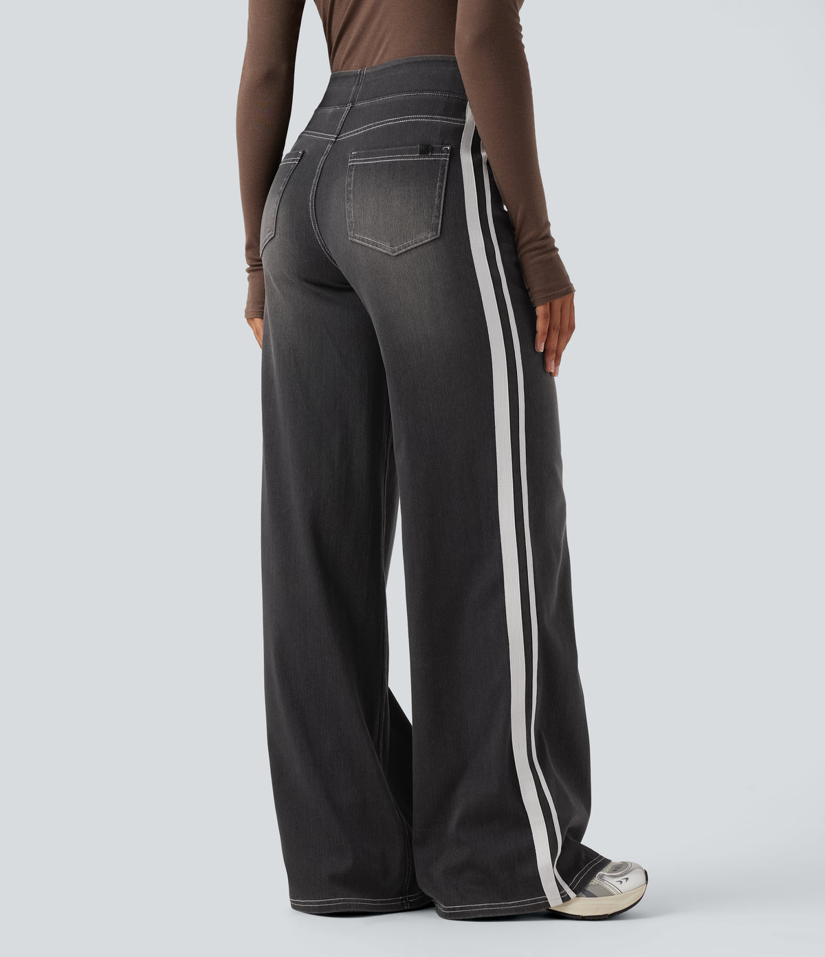 Halara Flex™ High Waisted Stripe Wide Leg Flowy Washed Casual Jeans with Pockets - Poppy Seed Denim