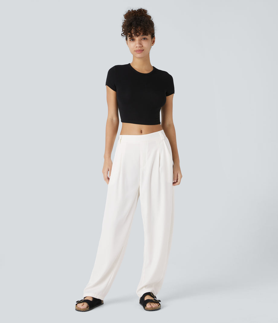 Mid Rise Pocket Barrel Leg Baggy Work Pants - White