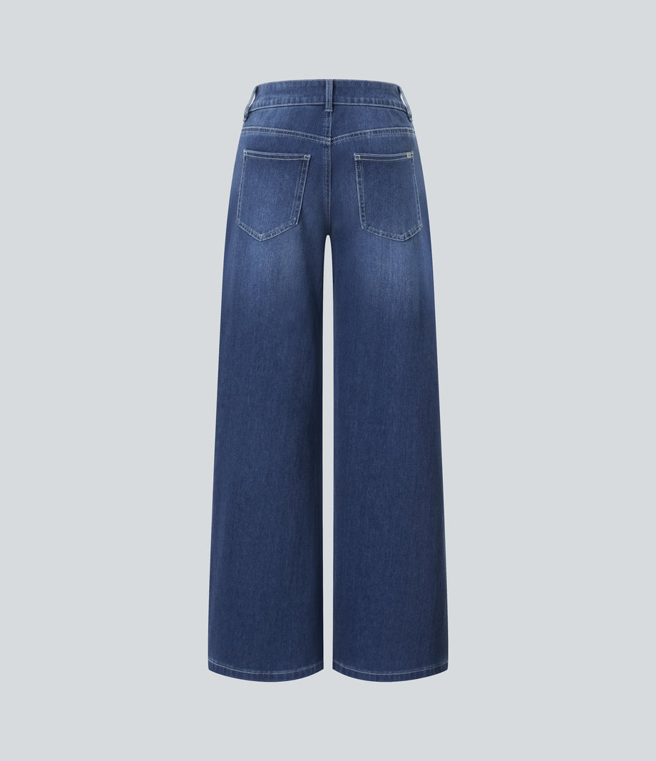 Halara Flex™ Low Rise Zipper Pockets Washed Baggy Wide Leg Casual Jeans - Paint Blue Denim