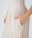 Ribbed Boat Neck Asymmetric Strap Ruched Pocket Flowy Maxi Casual Dress - Rice Khaki