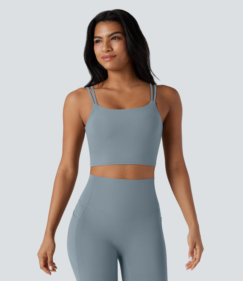 Halara UltraSculpt™ Double Straps Twisted Backless Cropped Yoga Tank Top - Blue Flower Gray