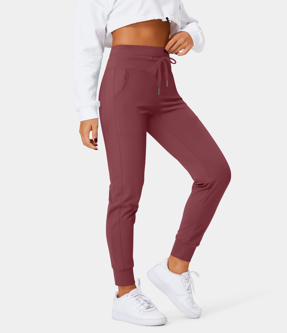 SoftlyZero™ Plush High Waisted Drawstring Pocket Plain Full Length Joggers - Red Violet