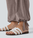 Crossover High Waisted Pocket Drawstring Casual Joggers - Deep Tea Brown Floral Yarn