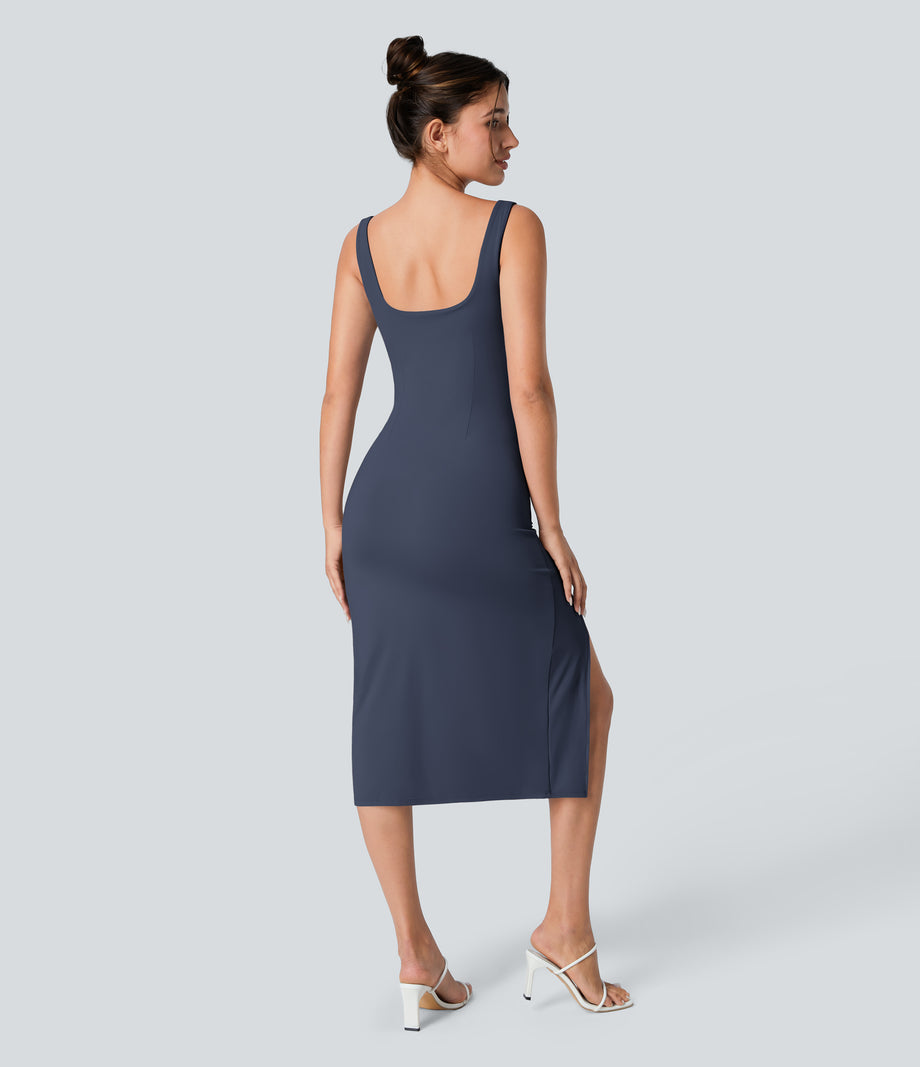 SoftlyZero™ Airy Square Neck Backless Corset Ruched Split Bodycon Midi Cool Touch Bridesmaid and Wedding Guest Dress - Mood Indigo