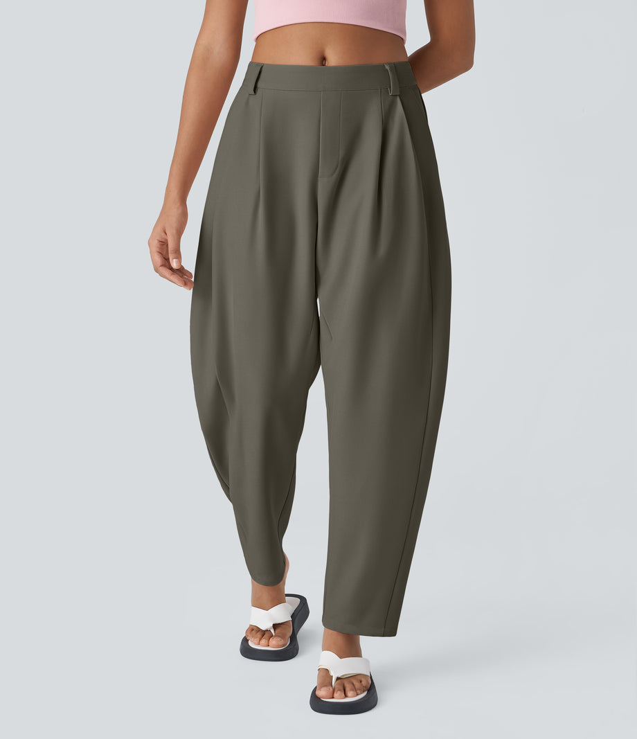 Mid Rise Pocket Barrel Leg Baggy Work Pants - Stone Gray
