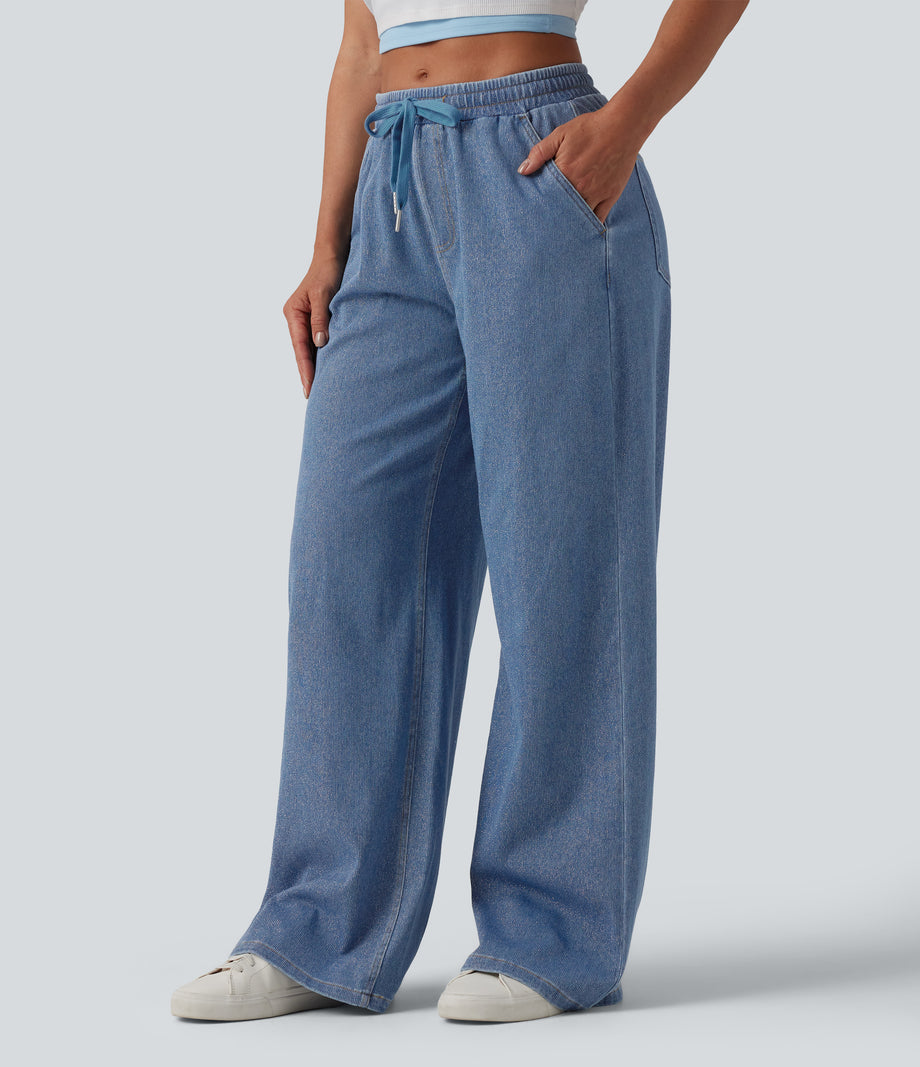 Halara Flex™ Low Rise Drawstring Wide Leg Sparkle Casual Sweatpants Jeans with Pockets - Malibu Blue Denim