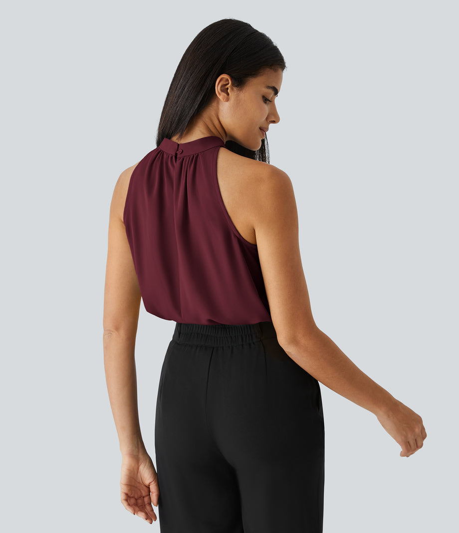 Keyhole Back Halter Sleeveless Curved Hem Work Blouse - Sangria
