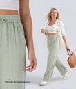 High Waisted Drawstring Pocket Wide Leg Baggy Casual Linen-Feel Pants - Pale Aqua