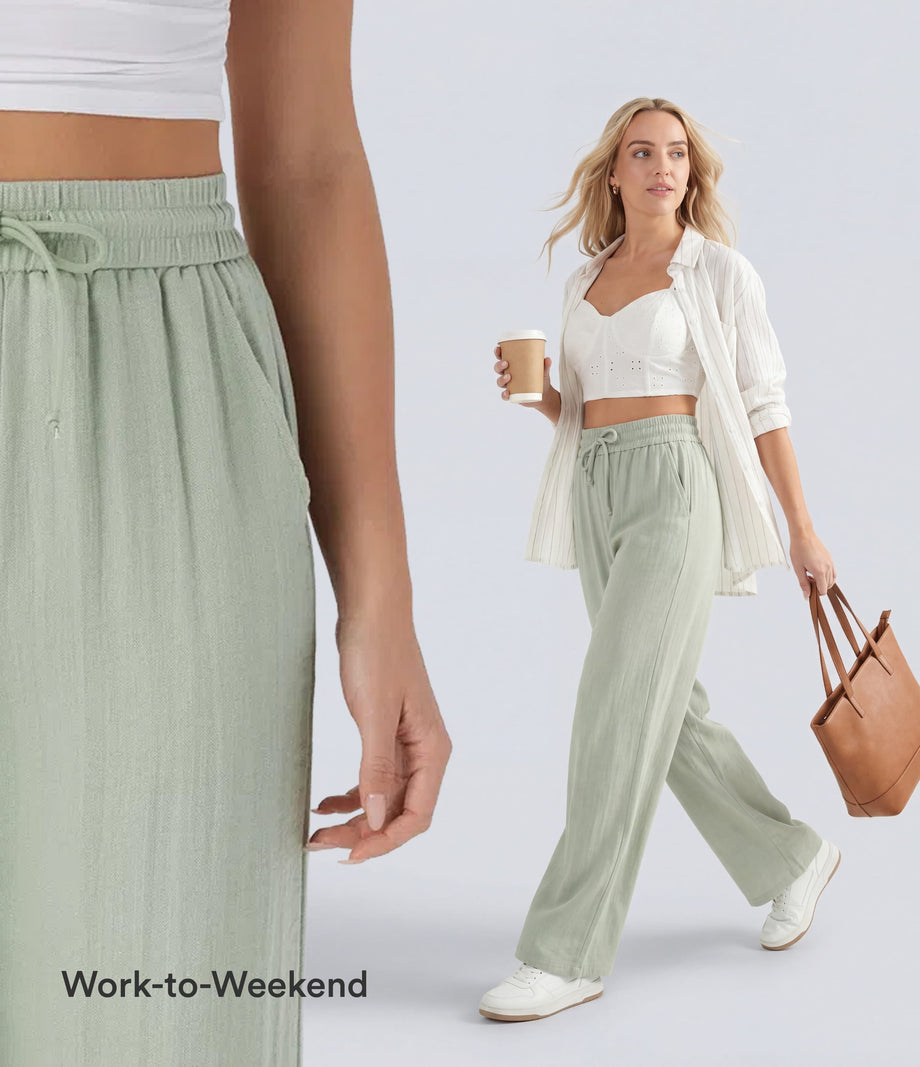 High Waisted Drawstring Pocket Wide Leg Baggy Casual Linen-Feel Pants - Pale Aqua