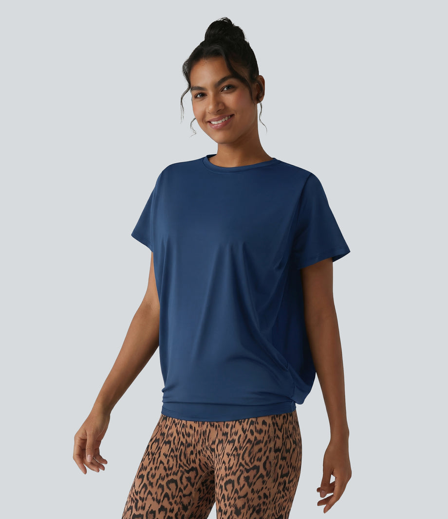 Round Neck Short Sleeve Ruched Cool Touch Yoga Sports Top-UPF50+ - Majolica Blue